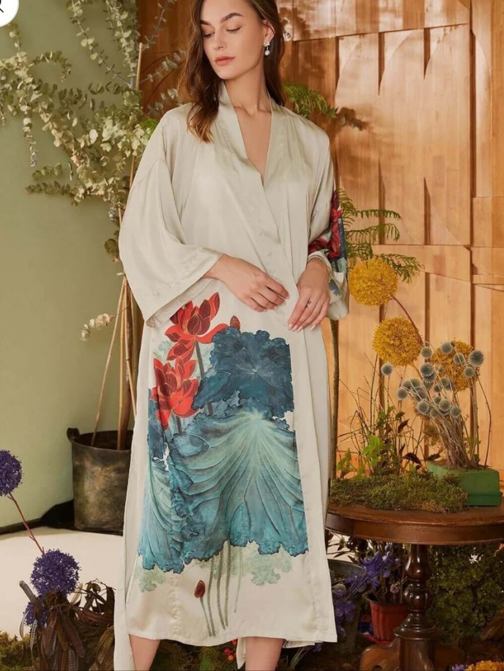 Osikana Light Sage Floral Silk Kimono Robe